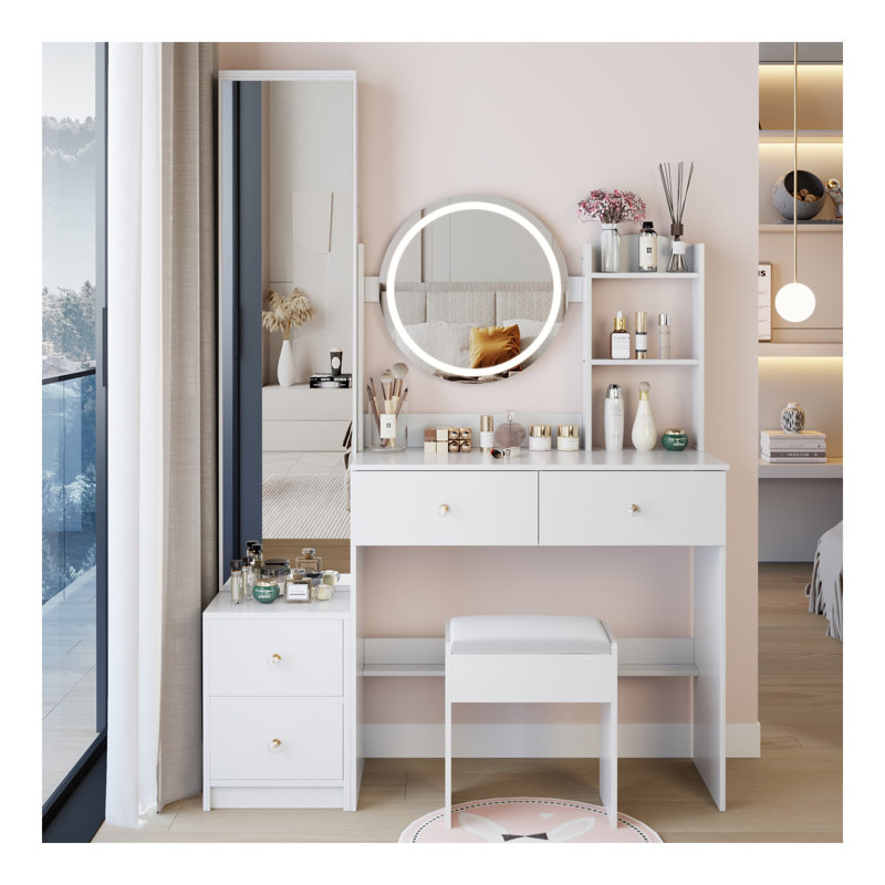 Full Body Mirror Cabinet + Round Mirror LED Vanity Table + Cushioned Stool, 17" Diameter LED Mirror, Touch Control, 3-Color, Brightness Adjustable, Large Desktop, Multi-Layer High Capacity Storage
