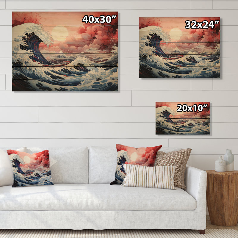 Chef-d'œuvre, la grande vague de Kanagawa II sur bois, H 10 po x l 20 po x P 0,78 po