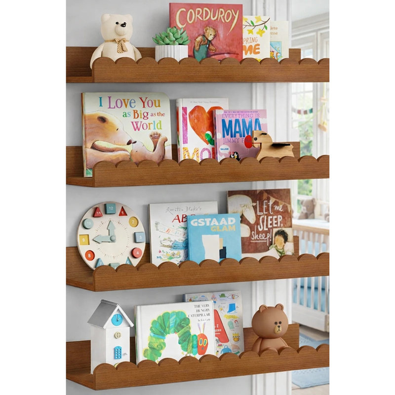 Nursery Floating Book Shelves Set Of 4, Scalloped Wooden Wall Shelves, Walnut Brown, Walnut Brown