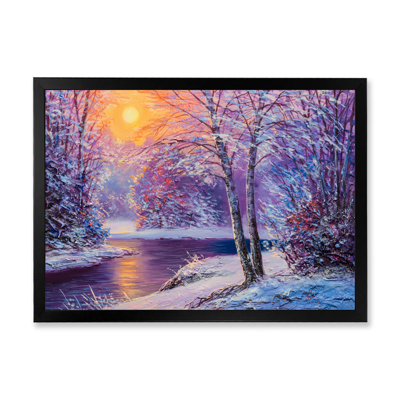 Coucher de soleil sur une rivière d'hiver - reproduction encadrée sur toile, H 8 po x l 12 po x P 1 po, Cadre noir