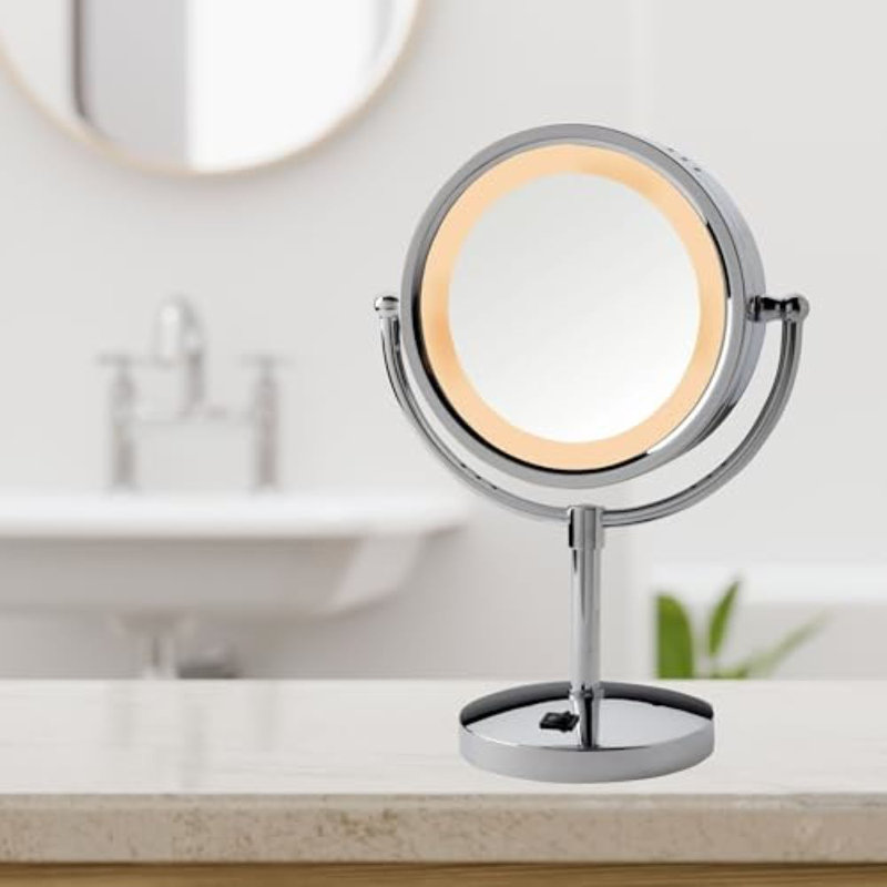 8.5" Lighted Tabletop Magnified Makeup Mirror, Plug In, Chrome