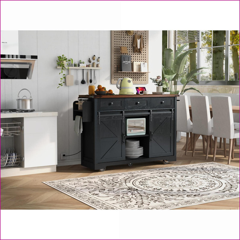 Kitchen Island, 53.7\" Farmhouse Black with Drop Leaf, Power Outlet, Barn Doors, Rolling Storage | Black | Farmhouse, Black