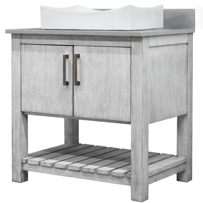 30-inch Bathroom vanity with grey quartz top and porcelain sink, Oil Rubbed Bronze Hardware and Mirror