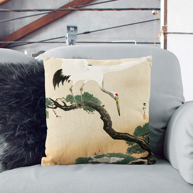 Japanese Crane Birds by Ohara Koson Cushion with Filling, 40cm H x 40cm W x 15cm D, White