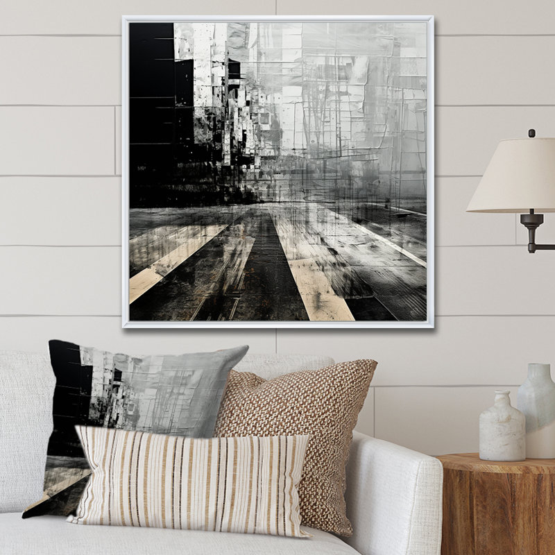 Paysage urbain noir et blanc - art mural, Cadre flottant blanc, H 36 po x l 36 po x P 1,5 po