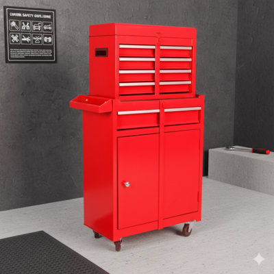Coffre à outils mobile, organisateur à 5 tiroirs avec roulettes verrouillables, tiroirs coulissants, compartiment supérieur amovible et tablette réglable; Armoire de rangement en métal pour garage ou atelier - Finition rouge