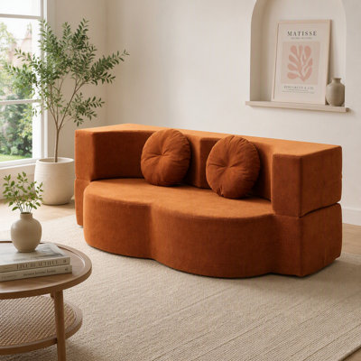 Twin Folding Sofa Bed with Pillow Foam Mattress Orange Floor Futon Loveseat Couch No Assembly Required for Living Room Guest Office Apartment