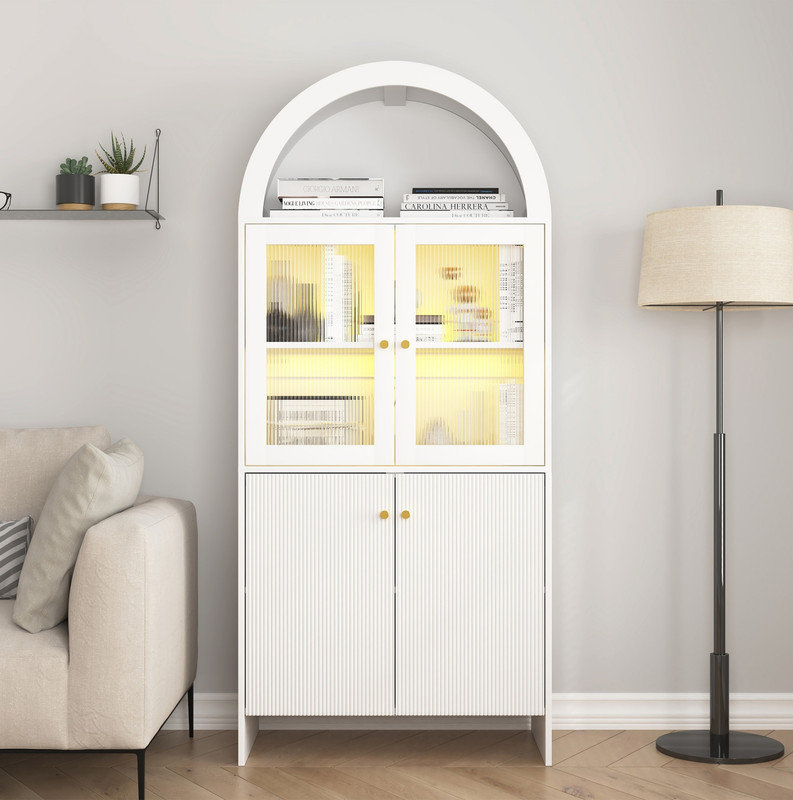 Armoire en dôme moderne en bois aggloméré inspiré de la technologie - Une combinaison intelligente de rangement pour les collations et d'éclairage à DEL.