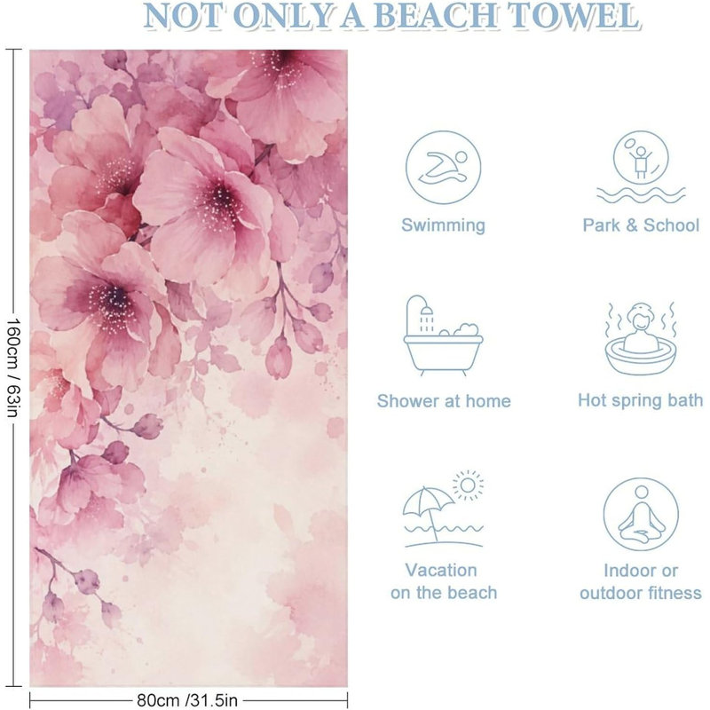 Serviette de plage surdimensionnée à motif floral aquarelle rose pâle, serviette de bain douce et absorbante pour la plage, la piscine, la salle de bain, les voyages, la salle de sport et le camping, 152 x 203 cm