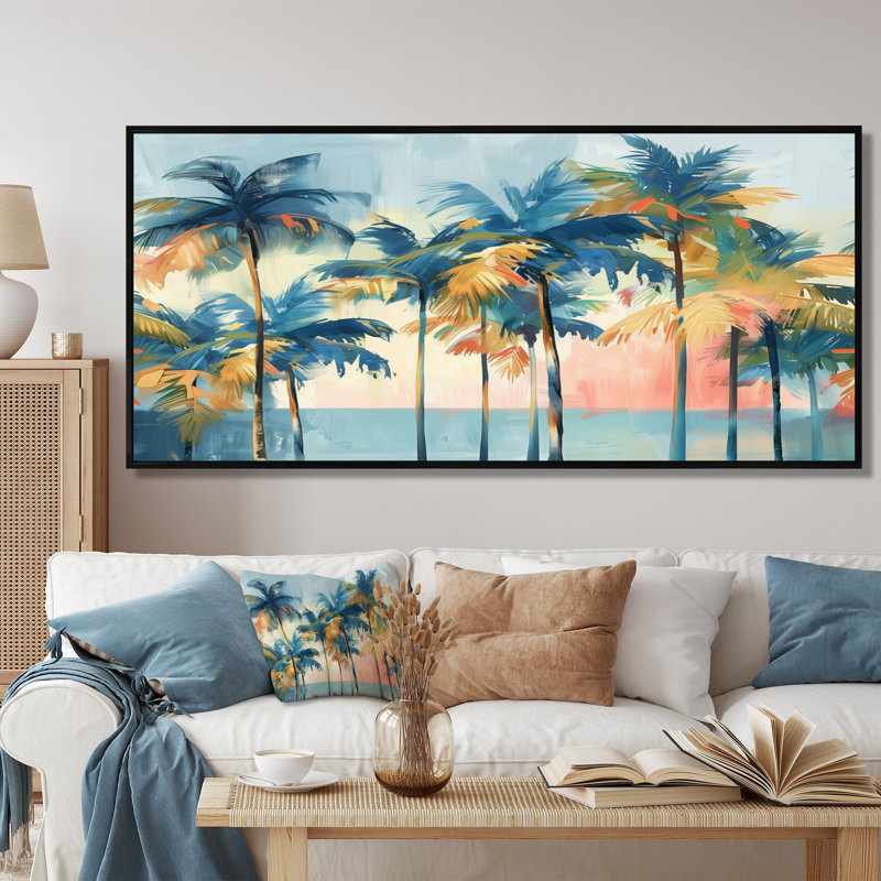 Abstract Coastal Palm Trees In Blue And Gold I - Palms & Palm Trees Wall Art Print, 28" H x 60" W x 1.5" D