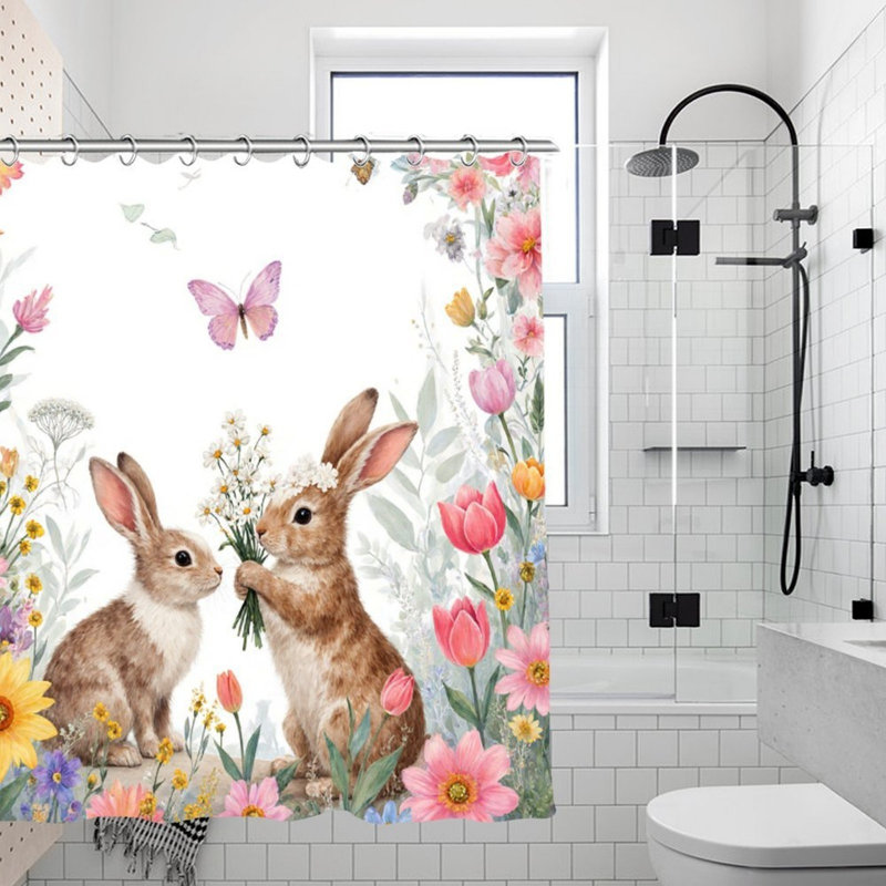 Rideaux de douche Watercolor Bunny, L 72 po x l 72 po, rose et blanc