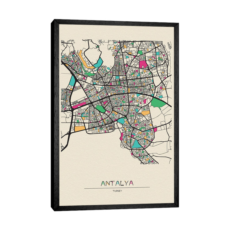 Antalya, Turkey Map 1 Piece Wall Art on Canvas, 101.6 cm H x 66.04 cm W, Black Floater Frame