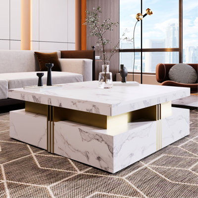 Table basse carrée avec 4 tiroirs, blanc, rehausse le style contemporain des tiroirs de salon