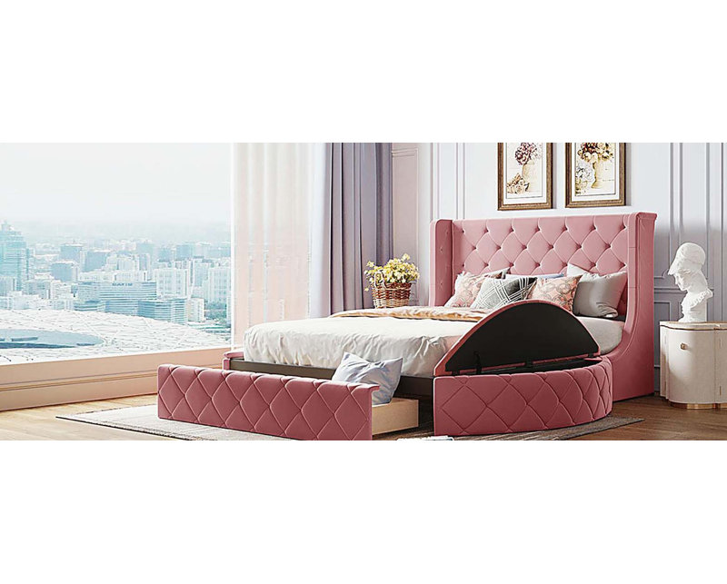 Lit plateforme tapissier grand en velours avec tête de lit à oreilles et 1 grand tiroir, 2 tabourets de rangement latéraux (rose)
