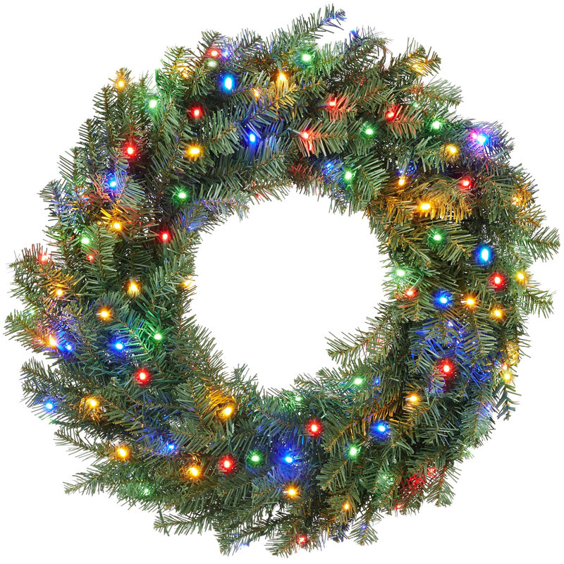 Couronne de Noël artificielle pré-illuminée de 76 cm (30 po), blanche et multicolore, 30" W x 30" H x 10" D