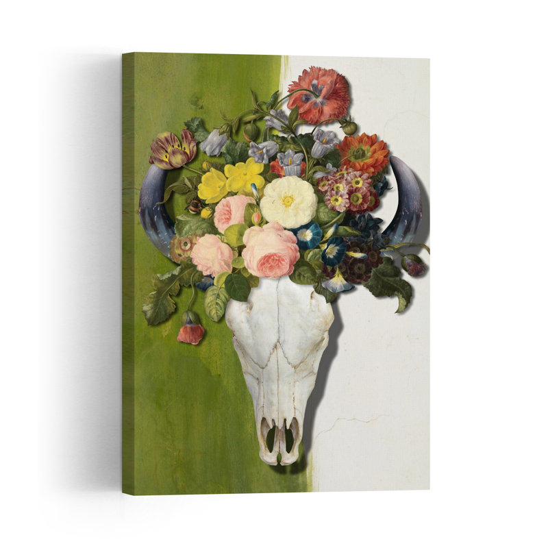Blooming Bull Skull Colorful Gothic Rustic Bull Cow Flower Nature Wall Art Print by Marja Van Den - Wrapped Canvas Print