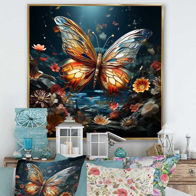 Envol de papillon sur toile, Cadre flottant doré, H 24 po x l 24 po x P 1 po