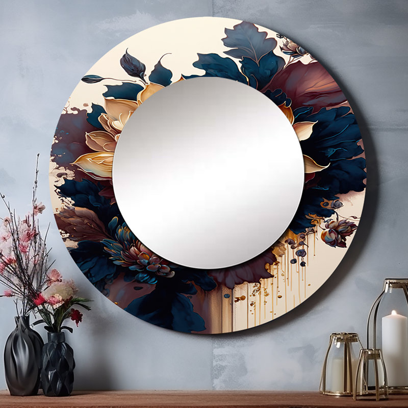 Quann Burgundy And Blue Dahlia Bunch II - Dahlia Decorative Wall Mirror, Red Round Mirror, Printed Metal Art, 36" x 36"