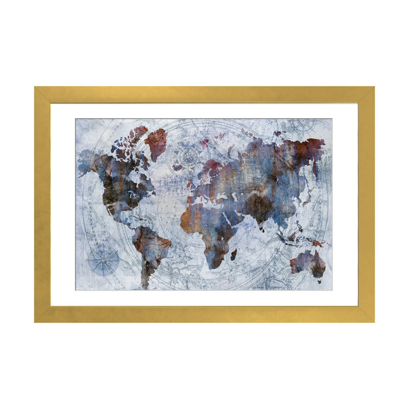 Carte céleste, H 24 po x l 32 po, Papier doré avec cadre d'angle ouvert, Bleu / cuivre