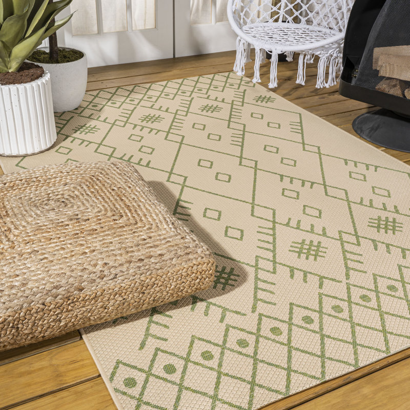 Tapis intérieur / extérieur beige / vert Boho, Rectangle 3 pi 1 po x 5 pi