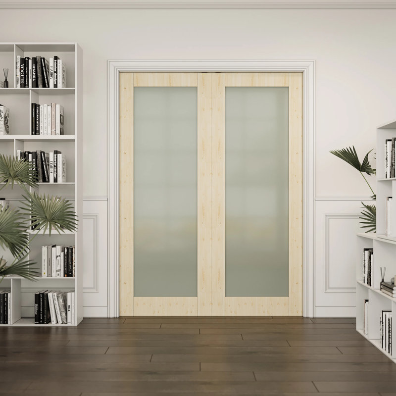 1-Lite Frosted Pocket Door Pine Solid Core Sliding Double Pocket Door For Bedroom With Hardware/Soft Close, 56" x 80"