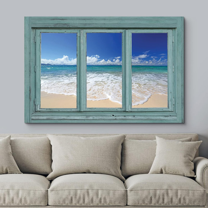 «Window View Blue Sandy Beach Paradise», reproduction sur toile, H 24 po x l 36 po