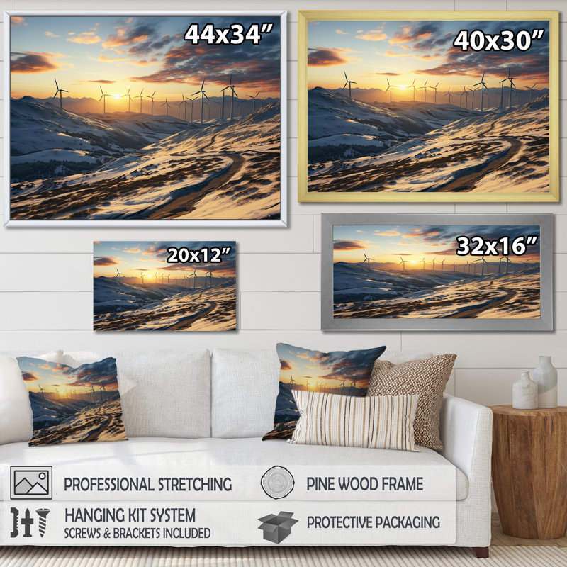 «Sunset Wind Turbines Mountain View III - Wind Turbines», art mural, Cadre doré à coins fermés, H 12 po x l 20 po x P 1 po