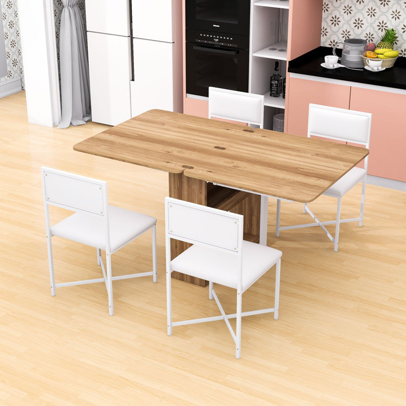 Table de cuisine pliable avec support de rangement et 4 chaises en similicuir, Blanc