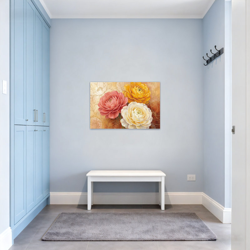Motif floral de plantes et de fleurs avec des roses jaunes et blanches, H 28 po x l 40 po