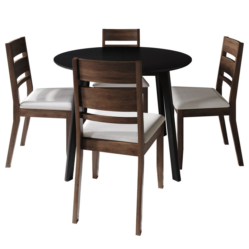 5-Piece Dining Set With Black Round Table And Brown Upholstered Horizontal Splat Back Chairs, Brown