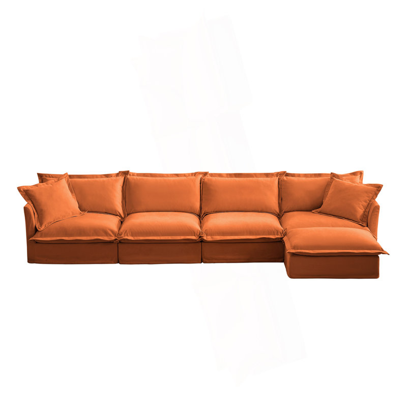 Canapé modulaire long en L avec housse avec housse, canapé 4 places avec accoudoirs souples, canapé à assise profonde en chenille avec 2 grands coussins, canapé confortable pour le salon, appartement, tissu en chenille, orange