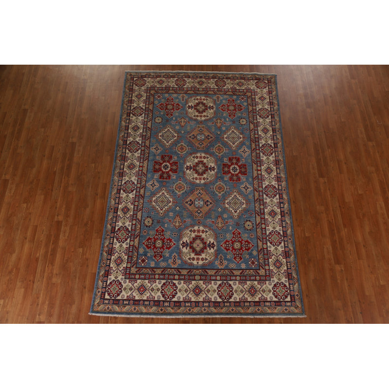 Tapis bleu / rouge / gris en laine noué à la main de conception unique 6 pi 6 po x 10 pi 2 po New Age