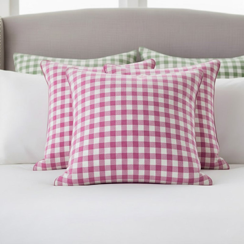 Gingham Pattern Euro Sham, White/Hot Pink, Square 26"