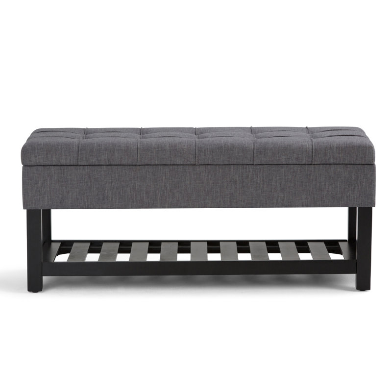 Saxon 43"W Linen Look Transitional Storage Ottoman Bench with Tufted Lift-Top and Open Bottom Shelf, Slate Gray