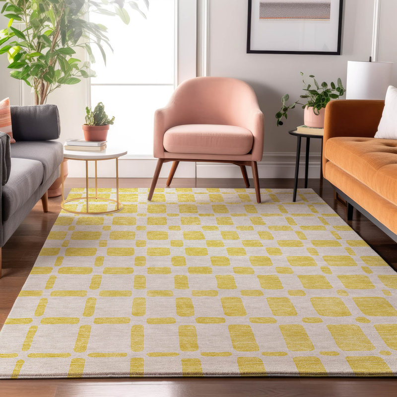 Tapis jaune Prisco lavable à la machine de qualité supérieure, Rectangle 9 pi x 12 pi