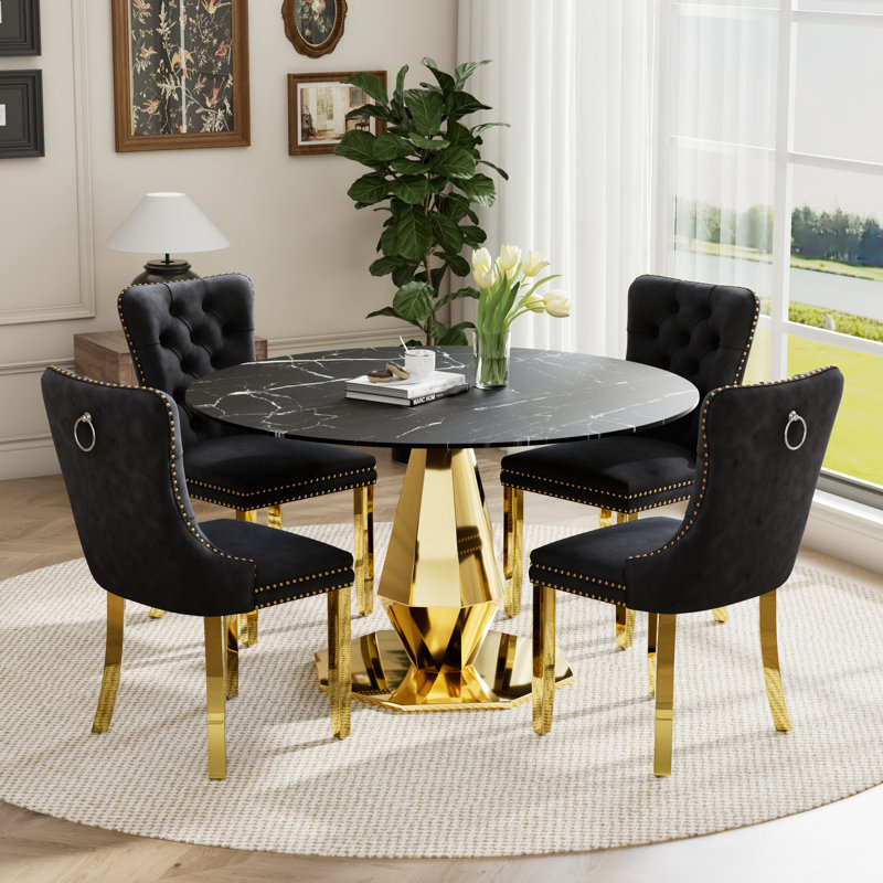 Luxtury Round Marble Texture Tempered Glass Pedestal Dining Set with Tufted Dininig Chair, White, Black, Gold