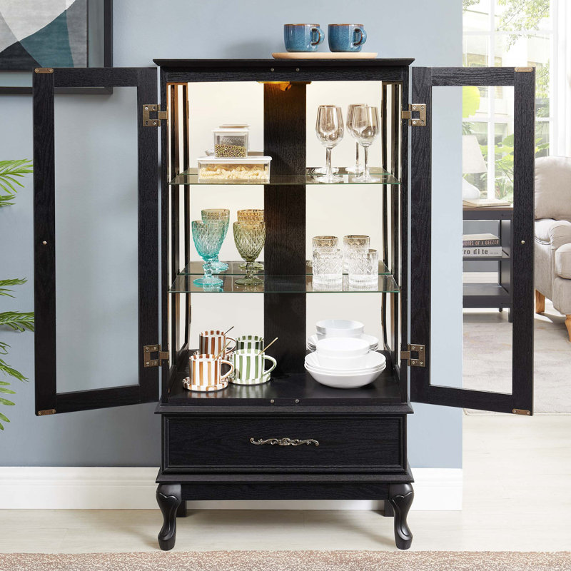 Lighted Curio Cabinet with Glass Doors and Adjustable Shelves 2 Door Wine Cabinet Display Curio Cabinet with LED Lights Light Finish and Drawer