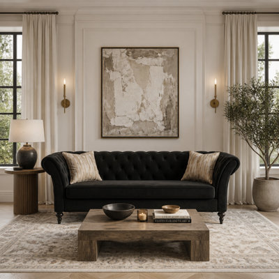 Canapé Chesterfield en velours de 88,5 pouces avec capitonnage à boutons et pieds en bois sculpté