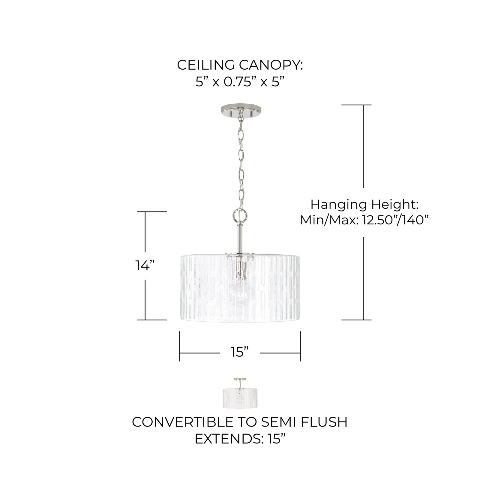 Morrone Single Light Glass Semi Flush Mount, Polished Nickel