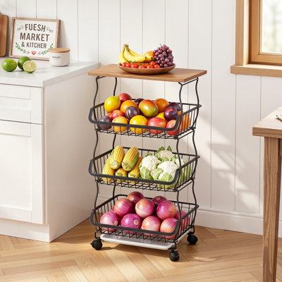 Chariot de rangement pour îlot de cuisine à roulettes avec plateau en bois, chariot utilitaire en acier robuste avec base convertible pour l'organisation de la cuisine et du garde-manger