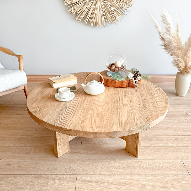 Farmhouse Round Wood Coffee Table, Rustic Design, 16" H x 32" L x 32" W