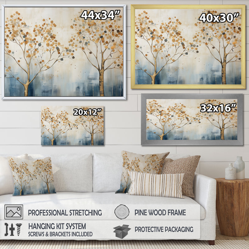 Harmonie des arbres dorés et bleus II sur toile, Cadre simple noir, H 34 po x l 44 po x P 1,5 po