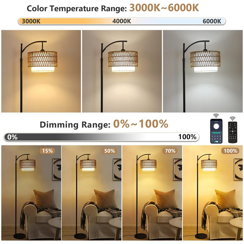 Arc Floor Lamp for Living Room with 3 Color Temperatures, Farmhouse Floor Lamps with Remote & Dimmable Bulb, Boho Standing Lamp with Rattan & Fabric Shades, Adjustable Tall Lamp for Bedroom, Office