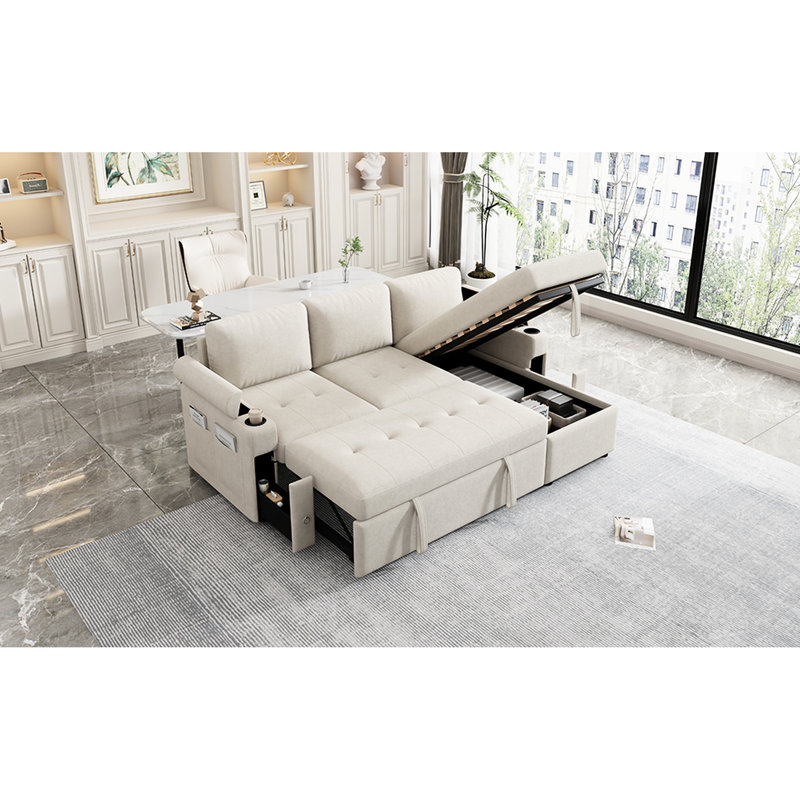 Beige Sectional Couch With Hidden Storage, Ports, Cup Holders L-Shaped Bed Reversible Chaise, Ample &, Beige Chenille