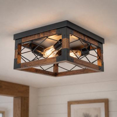 Lucelia 4-light Metal Wood Frame Caged Unique Flush Mount Ceiling Light Fixture