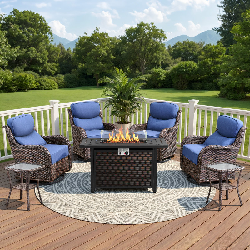 4 - Person Patio Furniture Chair Set With Fire Pit Table, 4 Swivel Glider Chairs With 6-Inch Cushions & Side Table, Brown
