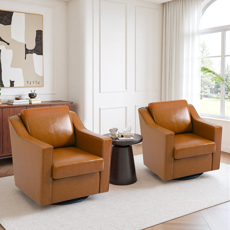 Bronnen Big And Wide Upholstered Faux Leather Cushion Swivel Armchair with Removable Back and Seat Cushion, Light Brown