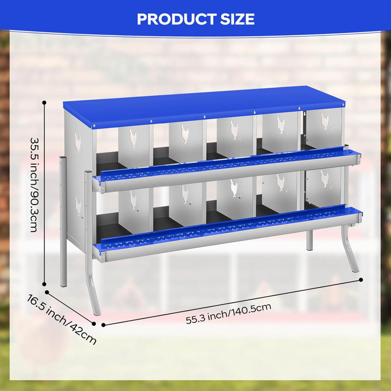 Boîtes de nidification de poulet avec pattes de support, boîte à œufs de poule en métal à deux niveaux avec 10 grands trous ventilés pour la collection d'œufs, bleu