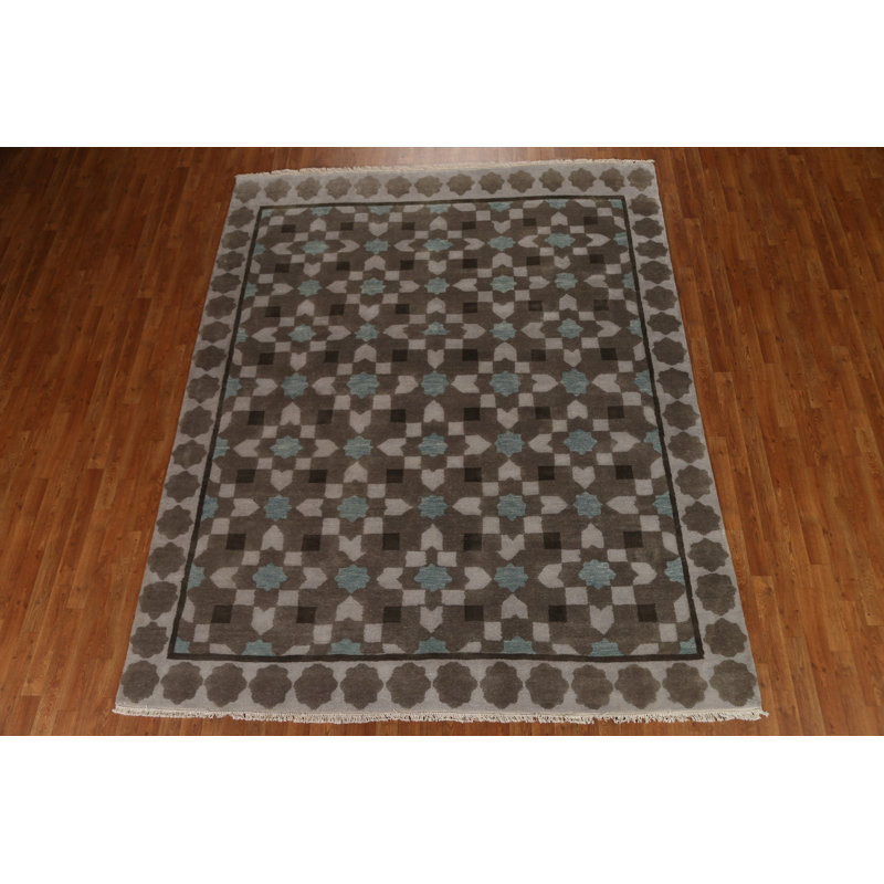 Tapis brun en laine noué à la main de conception unique 8 pi x 9 pi 8 po New Age
