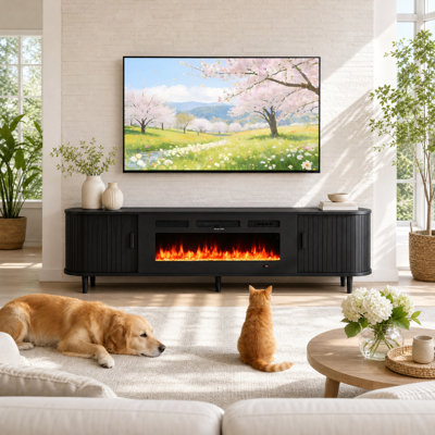 70" Black Fluted Fireplace TV Stand With Remote & Touch Control, Adjustable Flame Colors & Temperature, Entertainment Center With Storage For 80" Tvs, Modern Media Console For Living Room